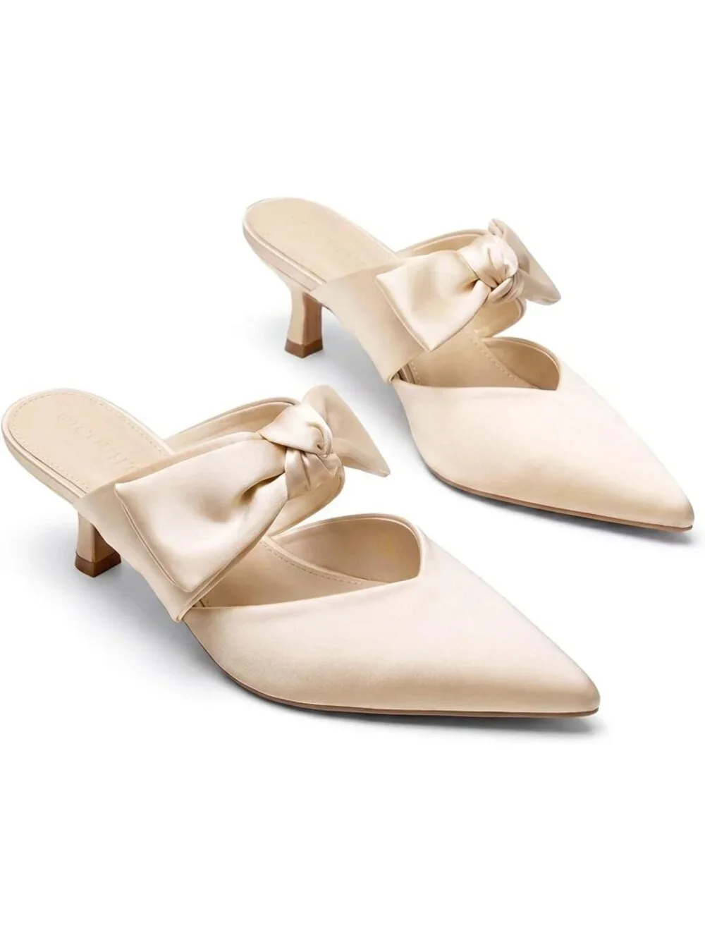 Women's Champagne Rubber Satin Bow Strap Kitten Heels Pointed Toe Slip On Pumps